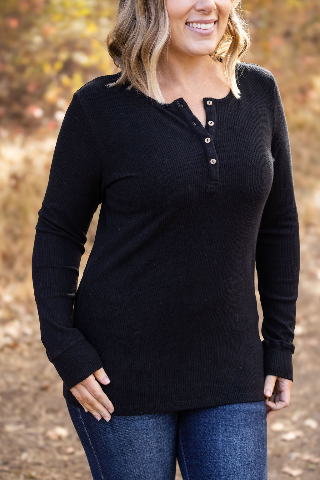IN STOCK Brielle Henley Ribbed Long Sleeve - Black FINAL SALE