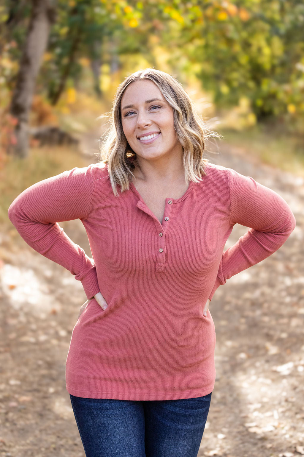 IN STOCK Brielle Henley Ribbed Long Sleeve - Terra Cotta FINAL SALE