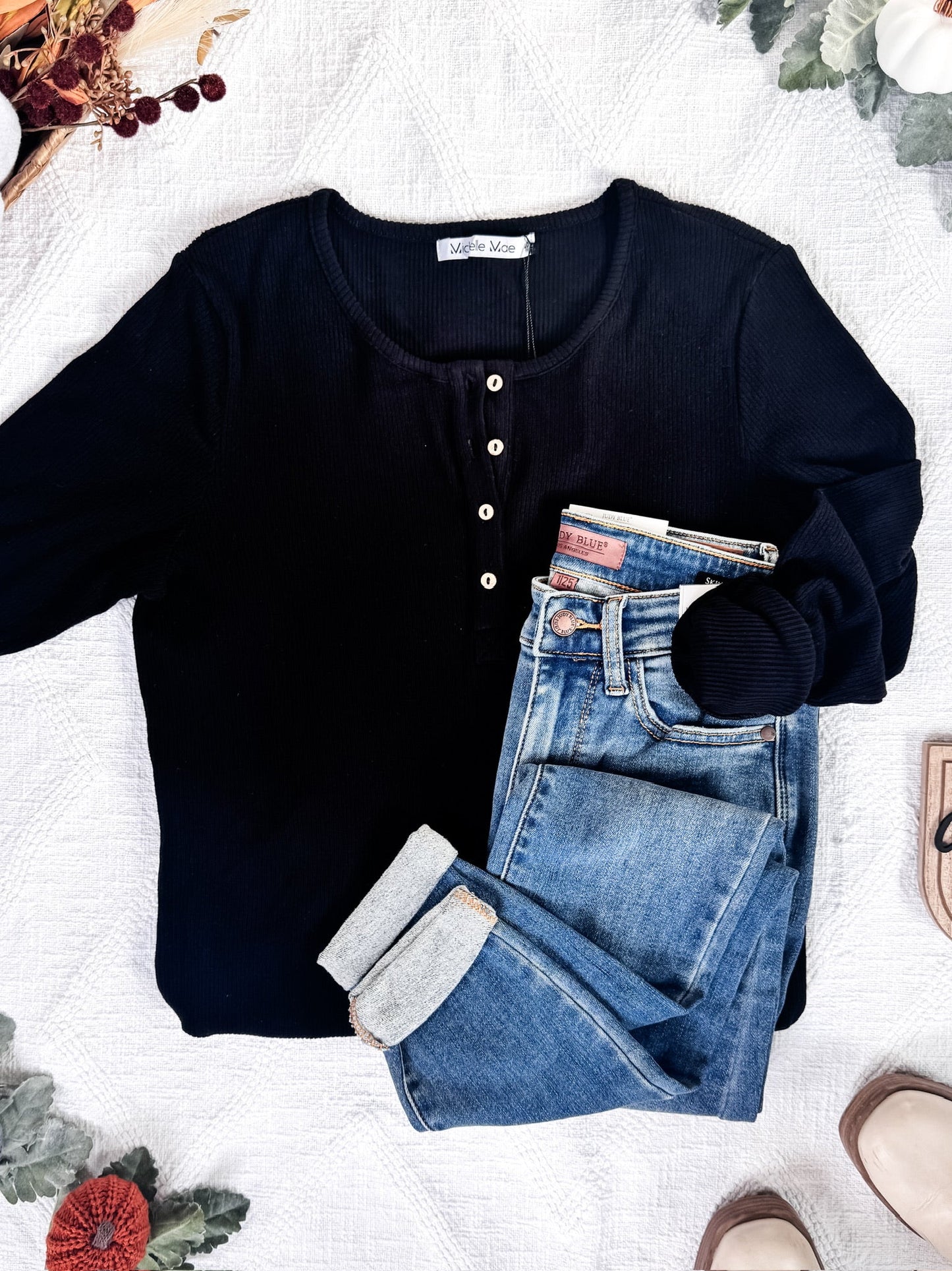 IN STOCK Brielle Henley Ribbed Long Sleeve - Black FINAL SALE