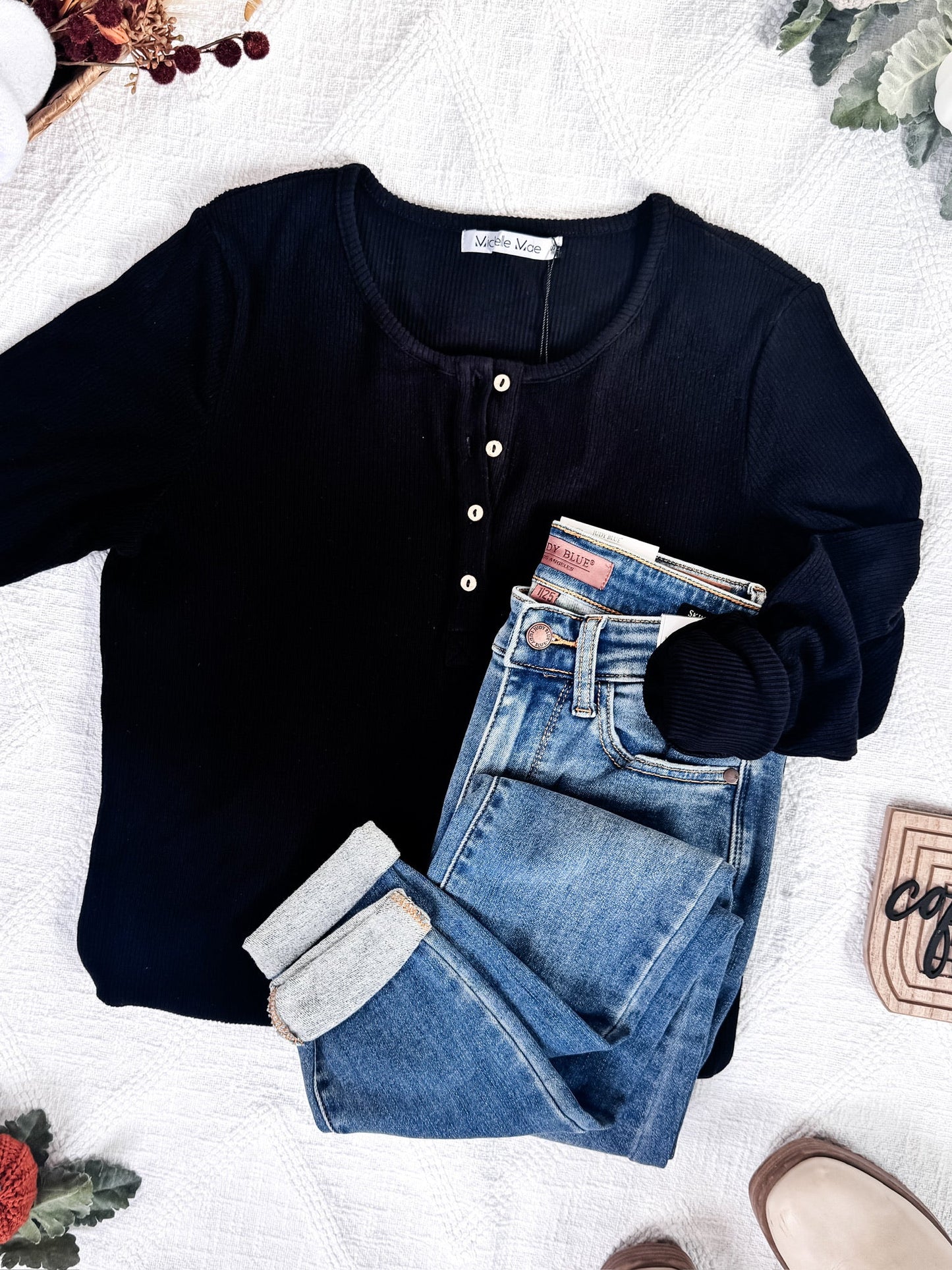 IN STOCK Brielle Henley Ribbed Long Sleeve - Black FINAL SALE